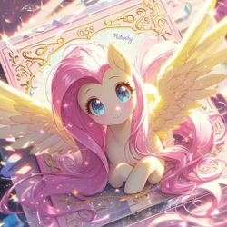 Size: 736x736 | Tagged: artist needed, safe, ai content, derpibooru import, fluttershy, pegasus, pony, g4, abstract background, cute, front view, looking at you, shyabetes, spread wings, wings