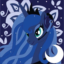 Size: 736x736 | Tagged: artist needed, safe, derpibooru import, princess luna, alicorn, pony, g4, abstract background, bust, headphones, jewelry, portrait, regalia, solo