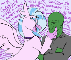 Size: 2457x2092 | Tagged: safe, artist:2hrnap, derpibooru import, silverstream, oc, oc:anon, hippogriff, g4, cute, diastreamies, duo, duo male and female, female, male, motormouth