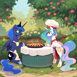 Size: 1024x1024 | Tagged: safe, ai content, derpibooru import, machine learning generated, princess celestia, princess luna, alicorn, pony, g4, cooking, duo, duo female, female, grill, outdoors, partially open wings, royal sisters, siblings, sisters, wings