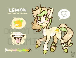 Size: 1000x769 | Tagged: safe, artist:maroonmads, derpibooru import, oc, oc only, oc:lemon, pony, unicorn, coat markings, color palette, colored hooves, colored horn, commission, facial markings, female, hooves, horn, leg band, mare, mealy mouth (coat marking), obtrusive watermark, pale belly, pronouns, reference sheet, socks (coat marking), solo, speech bubble, spoken heart, tongue, tongue out, watermark, white pupils, ych result