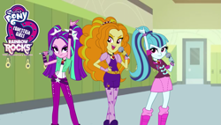 Size: 1557x884 | Tagged: safe, artist:mixiepie, artist:pregnacylove, derpibooru import, editor:gigarainbowdasheqg, adagio dazzle, aria blaze, sonata dusk, equestria girls, g4, rainbow rocks, 1000 years in photoshop, canterlot high, indoors, lockers, microphone, rainbow rocks 10th anniversary, the dazzlings