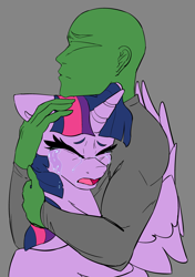 Size: 2585x3667 | Tagged: safe, artist:2hrnap, derpibooru import, twilight sparkle, twilight sparkle (alicorn), oc, oc:anon, alicorn, g4, comforting, crying, duo, duo male and female, eyes closed, female, gray background, hug, male, mare, open mouth, simple background, winghug, wings