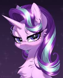 Size: 3777x4647 | Tagged: safe, artist:e-boi, derpibooru import, starlight glimmer, pony, unicorn, g4, blushing, bust, chest fluff, cute, digital art, ear fluff, ears, eye clipping through hair, eyelashes, eyeshadow, female, gradient background, high res, horn, lidded eyes, looking at you, makeup, mare, outline, purple background, purple eyes, purple mane, signature, simple background, smiling, solo, sparkles, stars, white outline, wingding eyes