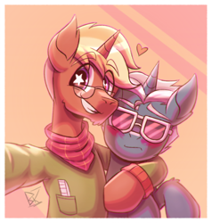 Size: 1362x1431 | Tagged: safe, artist:bkiltersot, derpibooru import, trenderhoof, earth pony, pony, unicorn, g4, bandana, blonde, blonde mane, blushing, clothes, comb, duo, duo male, fashion plate, gay, glasses, horn, hug, male, passepartout, selfie, ship:trenderplate, simple background, smiling, starry eyes, white background, wingding eyes, yellow background