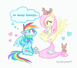 Size: 873x768 | Tagged: source needed, safe, artist:flutterberrypie, derpibooru import, angel bunny, fluttershy, rainbow dash, pegasus, pony, rabbit, g4, animal, cute, duo, eyes closed, female, flutterdash, flying, grammar error, heart, hoof hold, lesbian, mare, raised hoof, raised leg, shipping, signature, sitting, wings