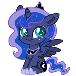 Size: 736x736 | Tagged: safe, derpibooru import, princess luna, alicorn, pony, g4, cute, female, filly, foal, jewelry, regalia, simple background, sitting, solo, spread wings, white background, wings, woona, younger