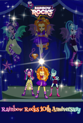 Size: 1042x1544 | Tagged: safe, artist:flutteryaylove, derpibooru import, edit, edited edit, edited screencap, screencap, adagio dazzle, aria blaze, sonata dusk, human, equestria girls, g4, rainbow rocks, logo, poster, rainbow rocks 10th anniversary, singing, smiling, text, the dazzlings, vector, vector edit