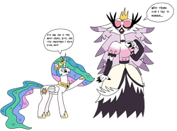 Size: 2828x2091 | Tagged: safe, artist:supahdonarudo, derpibooru import, princess celestia, alicorn, bird, demon, swan, g4, angry, bird demon, boasting, crossover, dialogue, eyes closed, hellaverse, helluva boss, raised hoof, raised leg, simple background, speech bubble, stella (helluva boss), text, transparent background