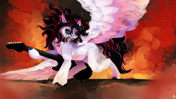 Size: 2560x1440 | Tagged: safe, artist:krapinkaius, derpibooru import, oc, oc only, oc:lunylin, pegasus, pony, collar, corpse paint, ear piercing, female, female oc, guitar, heterochromia, hoof hold, mare, mare oc, musical instrument, open mouth, pegasus oc, pentagram, piercing, rainbow rocks 10th anniversary, raised hoof, raised leg, smoke, spread wings, stage, unshorn fetlocks, wings