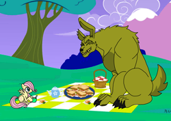 Size: 1414x1000 | Tagged: safe, artist:zetikoopa, derpibooru import, fluttershy, pegasus, rabbit, g4, animal, basket, female, filly, five nights at freddy's, foal, food, kettle, male, mare, monster, outdoors, picnic, picnic basket, picnic blanket, sandwich, smiling, springtrap, tea, tree, young