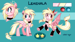 Size: 3600x2000 | Tagged: safe, artist:anotherdeadrat, derpibooru import, oc, oc only, oc:leaenala, bat pony, pegasus, pony, bat pony oc, bat wings, blonde, blonde hair, blonde tail, blue eyes, bracelet, choker, clothes, collar, crown, ear piercing, earring, eyelashes, fangs, feathered wings, female, fluffy hair, fluffy mane, fluffy tail, flying, folded wings, full body, hair ribbon, horn, jewelry, lmare, long hair, looking at you, multicolored hair, multicolored mane, multicolored tail, pegasus oc, pegasus wings, piercing, pigtails, pink coat, ponytail, red eyes, reference sheet, regalia, ribbon, side view, simple background, smiling, smiling at you, solo, spread wings, standing, stockings, striped hair, striped mane, striped tail, tail, thigh highs, two toned hair, two toned mane, two toned tail, wall of tags, white hair, white tail, wings