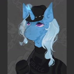 Size: 1296x1296 | Tagged: safe, artist:kaczkokot88, derpibooru import, trixie, pony, unicorn, g4, abstract background, armor, baseball cap, blunt, cap, cheek fluff, clothes, drug use, drugs, ear fluff, ears, female, gun, hat, horn, magic, mare, marijuana, police, police uniform, rifle, smoking, solo, telekinesis, weapon