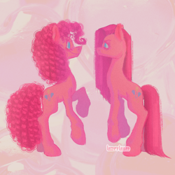 Size: 1500x1500 | Tagged: safe, artist:loompyloops, derpibooru import, pinkie pie, earth pony, pony, g4, abstract background, alternate hairstyle, duality, female, looking at each other, looking at someone, mare, pinkamena diane pie