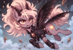 Size: 5568x3840 | Tagged: safe, ai content, derpibooru import, generator:pony diffusion v6 xl, generator:stable diffusion, machine learning generated, hybrid, insect, moth, pony, ear fluff, ears, eyes open, female, flower, looking at you, mare, outdoors, prompter:xyiloiwg, solo, wings