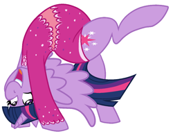 Size: 1288x1010 | Tagged: safe, artist:/d/non, artist:retroguy1990, derpibooru import, twilight sparkle, twilight sparkle (alicorn), alicorn, g4, acrobatics, backbend, belly, clothes, female, gymnastics, leotard, mare, plump, potbelly, round belly, simple background, solo, solo female, spread wings, stomach, stretching, white background, wings