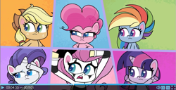 Size: 1711x879 | Tagged: safe, derpibooru import, screencap, applejack, fluttershy, pinkie pie, rainbow dash, rarity, twilight sparkle, twilight sparkle (alicorn), alicorn, earth pony, pegasus, pony, unicorn, g4, g4.5, my little pony: pony life, playwright or wrong, female, fluttermime, horn, mane six, mare, mime