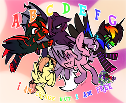 Size: 920x754 | Tagged: safe, artist:kharmacal, derpibooru import, oc, oc only, oc:crimson death, oc:gentle shy, oc:german pringles, oc:hollow tears, oc:nighttime lights, oc:princess praeludere, colorful, spread wings, wings