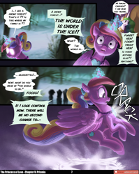 Size: 3541x4440 | Tagged: safe, artist:angusdra, artist:lummh, derpibooru import, princess cadance, princess celestia, alicorn, pony, comic:the princess of love, g4, bed, blurry background, comic, crown, female, floating, glowing, glowing horn, high res, horn, ice, jewelry, magic, mare, necklace, pendant, peytral, prismia, regalia, snow, speech bubble, teen princess cadance, telepathy, thought bubble, tree, wings, younger