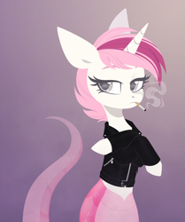 Size: 2508x3000 | Tagged: safe, artist:belka-sempai, derpibooru import, oc, oc only, oc:sweet irony, lamia, original species, snake, snake pony, unicorn, bored, cigarette, clothes, crossed arms, horn, jacket, smoking, snakepony, solo