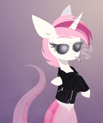 Size: 2508x3000 | Tagged: safe, artist:belka-sempai, derpibooru import, oc, oc only, oc:sweet irony, lamia, original species, snake, snake pony, unicorn, bored, cigarette, clothes, crossed arms, horn, jacket, smoking, snakepony, solo, sunglasses