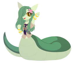 Size: 4106x3579 | Tagged: safe, artist:belka-sempai, derpibooru import, oc, oc only, oc:lamey, lamia, original species, big tail, bracelet, flower, flower in hair, hair over one eye, jewelry, long hair, looking at you, merit badge, scout uniform, smiling, smiling at you, solo, tail, thick tail, waving, waving at you, wide hips