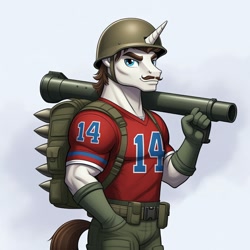 Size: 1024x1024 | Tagged: safe, ai content, derpibooru import, machine learning generated, hondo flanks, anthro, unicorn, g4, backpack, bazooka (gi joe), clothes, cosplay, costume, football jersey, g.i. joe, generator:google imagen 3.0, gloves, helmet, horn, male, prompter:zerowinger, rocket launcher, simple background, solo, weapon