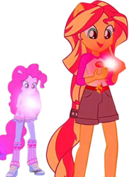 Size: 1837x2520 | Tagged: safe, derpibooru import, edit, edited screencap, editor:homersimpson1983, screencap, pinkie pie, sunset shimmer, human, equestria girls, g4, background removed, camp everfree outfits, duo, duo female, female, glowing, not a vector