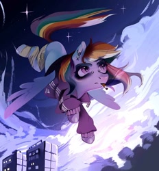 Size: 1190x1280 | Tagged: source needed, safe, artist:prisadchenko, derpibooru import, rainbow dash, pegasus, pony, bandage, building, cigarette, city, clothes, cloud, ear piercing, earring, eyeshadow, female, jacket, jewelry, makeup, mare, missing cutie mark, night, piercing, smoke, smoking, solo