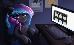 Size: 2600x1600 | Tagged: safe, artist:alunedoodle, derpibooru import, oc, oc only, oc:obabscribbler, earth pony, pony, annoyed, computer, computer mouse, cup, female, keyboard, looking at you, sitting, solo, two toned mane