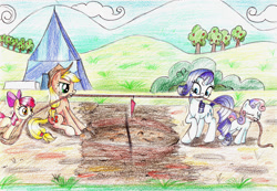 Size: 1300x898 | Tagged: safe, artist:sirzi, derpibooru import, apple bloom, applejack, rarity, sweetie belle, g4, sisterhooves social, mud, pulling, siblings, sisters, traditional art, tug of war