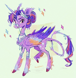 Size: 1020x1045 | Tagged: safe, artist:lutraviolet, derpibooru import, twilight sparkle, twilight sparkle (alicorn), alicorn, pony, g4, abstract background, alternate accessories, alternate color palette, alternate cutie mark, alternate design, alternate eye color, alternate hairstyle, alternate mane color, alternate tail color, alternate tailstyle, bangles, chest fluff, cloven hooves, coat markings, colored fetlocks, colored hooves, colored horn, colored wings, colored wingtips, ear fluff, ear tufts, ears, facial markings, folded wings, glasses, golden eyes, hair bun, hatching (technique), hooves, horn, jewelry, laurel wreath, leonine tail, long horn, multicolored mane, multicolored tail, multicolored wings, necklace, pink hooves, purple coat, purple wingtips, raised leg, redesign, round glasses, signature, simple background, slender, small glasses, socks (coat marking), solo, sparkly mane, sparkly tail, sparkly wings, sparkly wingtips, standing on three hooves, star (coat marking), tail, tail fluff, thin, thin tail, three quarter view, tied mane, wall of tags, wings