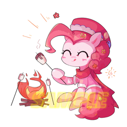 Size: 2000x2000 | Tagged: safe, artist:muningaiyc, derpibooru import, pinkie pie, earth pony, pony, campfire, clothes, eyes closed, female, food, hat, mare, marshmallow, obtrusive watermark, sample, scarf, simple background, solo, stick, tongue, tongue out, watermark, white background