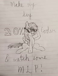 Size: 2540x3314 | Tagged: safe, artist:sewaddle36, derpibooru exclusive, derpibooru import, rainbow dash, pegasus, pony, g4, 20% cooler, female, lined paper, note, pencil drawing, sitting, smiling, solo, sunglasses, traditional art