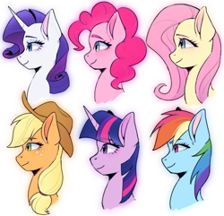 Size: 1471x1417 | Tagged: safe, artist:xiaowu07, derpibooru import, applejack, fluttershy, pinkie pie, rainbow dash, rarity, twilight sparkle, earth pony, pegasus, pony, unicorn, g4, applejack's hat, bust, clothes, cowboy hat, eyebrows, eyebrows visible through hair, eyeshadow, hat, horn, makeup, mane six, portrait, profile, simple background, white background