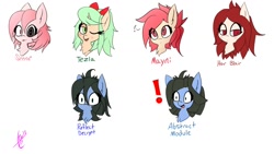 Size: 1280x720 | Tagged: safe, artist:exxie, derpibooru import, oc, oc only, oc:abstract module, oc:har blair, oc:mayni, oc:reflect decrypt, oc:setna, oc:tezla, earth pony, pony, unicorn, blushing, bow, exclamation point, fangs, female, hair bow, heterochromia, looking at you, mare, siblings, simple background, twins, white background