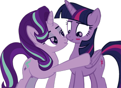 Size: 1594x1154 | Tagged: safe, derpibooru import, starlight glimmer, twilight sparkle, twilight sparkle (alicorn), alicorn, pony, unicorn, g4, anonymous editor, duo, duo female, female, horn, lesbian, mare, shipping, simple background, transparent background, twistarlight