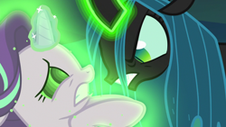 Size: 1280x720 | Tagged: safe, artist:14oliverhedgehog, derpibooru import, edit, edited screencap, screencap, queen chrysalis, starlight glimmer, changeling, changeling queen, pony, unicorn, g4, to where and back again, alternate ending, alternate scenario, bad end, duo, female, glowing, glowing horn, gritted teeth, horn, hypnosis, hypnotized, looking at each other, looking at someone, magic, magic aura, mare, scared, teeth