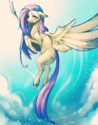 Size: 804x1024 | Tagged: safe, artist:skullpain, derpibooru import, fluttershy, pegasus, pony, g4, ears, female, floppy ears, flying, mare, smiling, solo, spread wings, wings