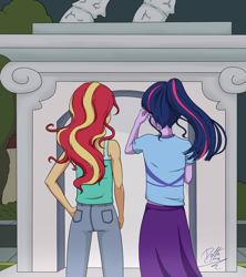 Size: 1600x1800 | Tagged: safe, artist:deltalima, derpibooru import, sci-twi, sunset shimmer, twilight sparkle, equestria girls, g4, clothes, cover art, dress, duo, duo female, female, pants, ponytail, portal, windswept hair, wondercolt statue