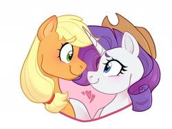 Size: 2048x1536 | Tagged: safe, artist:slushpony, derpibooru import, applejack, rarity, accessory swap, applejack's hat, clothes, cowboy hat, duo, duo female, female, hat, lesbian, looking at each other, looking at someone, rarijack, shipping, simple background, white background