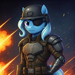 Size: 1024x1024 | Tagged: safe, ai content, derpibooru import, machine learning generated, trixie, anthro, g4, body armor, bust, clothes, cosplay, costume, eyepatch, female, g.i. joe, generator:google imagen 3.0, gradient background, helmet, major bludd, missing horn, portrait, prompter:zerowinger, robotic arm, solo