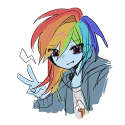 Size: 1200x1200 | Tagged: safe, artist:m4n3ul, derpibooru import, rainbow dash, human, equestria girls, g4, bust, clothes, cutie mark on clothes, eye clipping through hair, eyebrows, eyebrows visible through hair, fangs, female, jacket, looking at you, peace sign, simple background, smiling, smiling at you, solo, white background