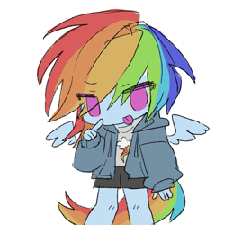 Size: 1200x1200 | Tagged: safe, artist:m4n3ul, derpibooru import, rainbow dash, human, equestria girls, g4, :p, clothes, cutie mark on clothes, eye clipping through hair, eyebrows, eyebrows visible through hair, female, jacket, shorts, simple background, solo, tail, tongue, tongue out, white background, wings