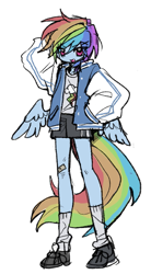 Size: 935x1689 | Tagged: safe, artist:m4n3ul, derpibooru import, rainbow dash, human, equestria girls, g4, bandaid, clothes, cutie mark on clothes, eye clipping through hair, eyebrows, eyebrows visible through hair, fangs, female, jacket, looking at you, open mouth, shoes, shorts, simple background, socks, solo, tail, white background, wings