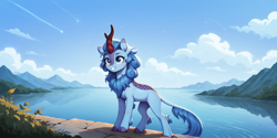 Size: 2400x1200 | Tagged: safe, ai content, derpibooru import, machine learning generated, kirin, blue body, blue eyes, prompter:greesys, scenery, shooting star, sky, smiling, solo, water