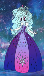 Size: 1280x2188 | Tagged: safe, artist:xoxastraart, derpibooru import, oc, oc only, oc:jemimasparkle, human, equestria girls, g4, clothes, crown, cute, dress, evening gloves, female, gloves, gown, jewelry, lipstick, long gloves, ocbetes, poofy shoulders, regalia, solo, starry night