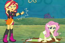 Size: 1090x733 | Tagged: artist needed, safe, derpibooru import, fluttershy, sunset shimmer, equestria girls, g4, abuse, boots, bully, bullying, clothes, crying, duo, duo female, female, flutterbuse, go to sleep gladmane, high heel boots, jacket, mud, not blood, shirt, shoes, skirt, socks, solo, spongebob squarepants