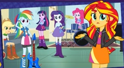 Size: 1099x607 | Tagged: safe, derpibooru import, screencap, applejack, pinkie pie, rainbow dash, rarity, sunset shimmer, twilight sparkle, human, equestria girls, g4, belt, boots, clothes, cowboy boots, cowboy hat, hat, high heel boots, jacket, shirt, shoes, skirt, socks, vest