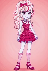 Size: 1160x1696 | Tagged: safe, ai content, derpibooru import, machine learning generated, equestria girls, g4, bow, candi (wild manes), clothes, dress, equestria girls-ified, eyeshadow, female, gradient background, jewelry, lipstick, looking at you, makeup, necklace, smiling, smiling at you, socks, solo, wild manes